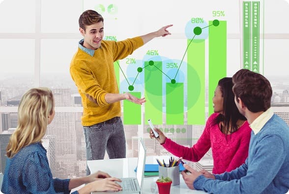 Team reviewing growth charts in a meeting